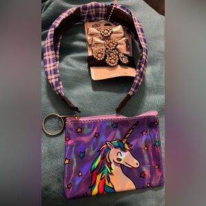 Unicorn Pouch and Plaid Headband Set